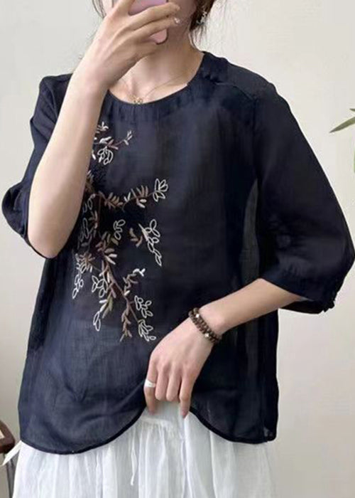 New Black O-Neck Embroidered Patchwork Cotton T Shirt Half Sleeve