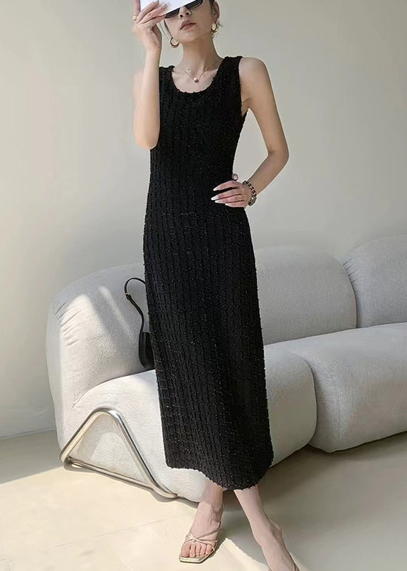 New Black O Neck High Waist Cotton Long Dress Sleeveless