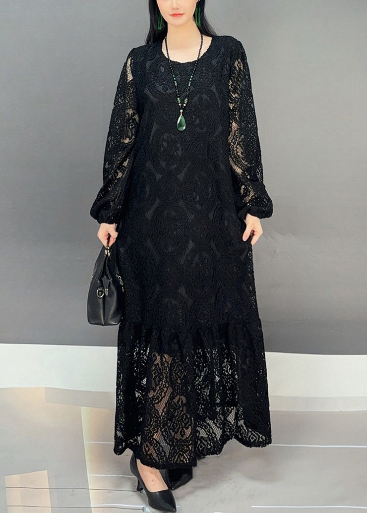 New Black O Neck Hollow Out Lace Long Dresses Fall