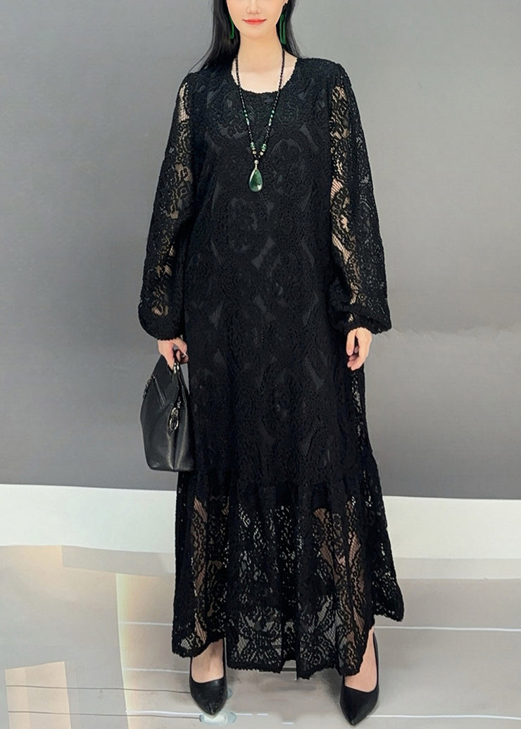 New Black O Neck Hollow Out Lace Long Dresses Fall