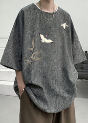 New Black O Neck Oriental Print Linen Oversized T Shirt Men Summer