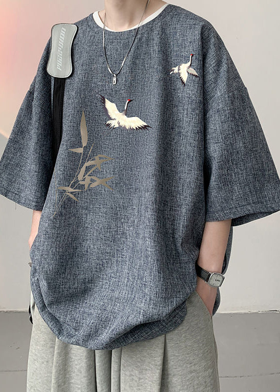 New Black O Neck Oriental Print Linen Oversized T Shirt Men Summer