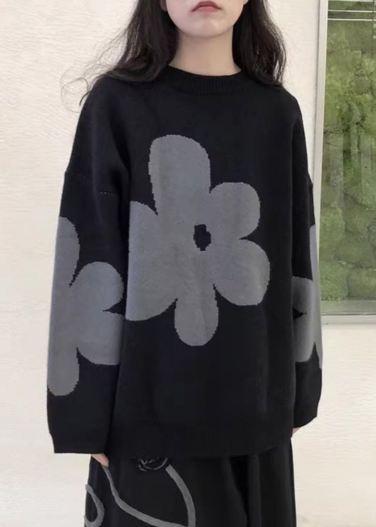 New Black O Neck Patchwork Cozy Cotton Knit Sweaters Long Sleeve