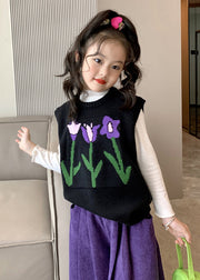 New Black O Neck Patchwork Knit Girls Waistcoat Sleeveless