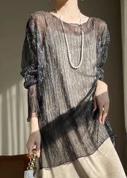 New Black O Neck Patchwork Tulle T Shirt Long Sleeve