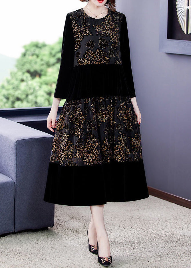 New Black O Neck Print Patchwork Silk Velour Long Dress Fall