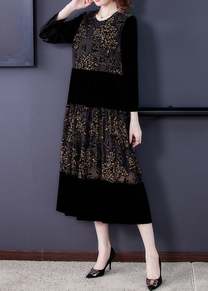 New Black O Neck Print Patchwork Silk Velour Long Dress Fall