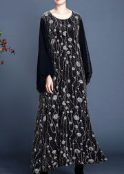 New Black O Neck Print Patchwork Tulle Long Dresses Winter