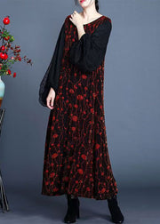 New Black O Neck Print Patchwork Tulle Long Dresses Winter