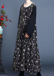 New Black O Neck Print Patchwork Tulle Long Dresses Winter