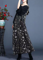 New Black O Neck Print Patchwork Tulle Long Dresses Winter