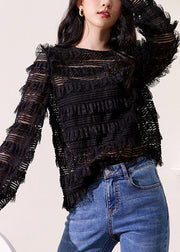 New Black O Neck Solid Lace Top Long Sleeve