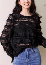 New Black O Neck Solid Lace Top Long Sleeve