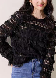 New Black O Neck Solid Lace Top Long Sleeve