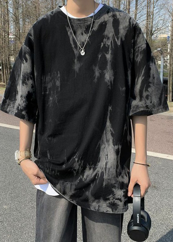 New Black O Neck Tie Dye Cotton Mens Graphic Tees Summer