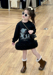 New Black O-Neck Tulle Patchwork Tulle Girls Mid Dress Spring