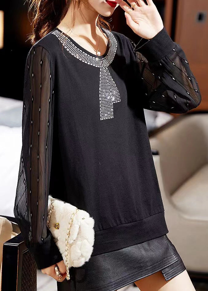 New Black O Neck Zircon Tulle Patchwork Top Long Sleeve