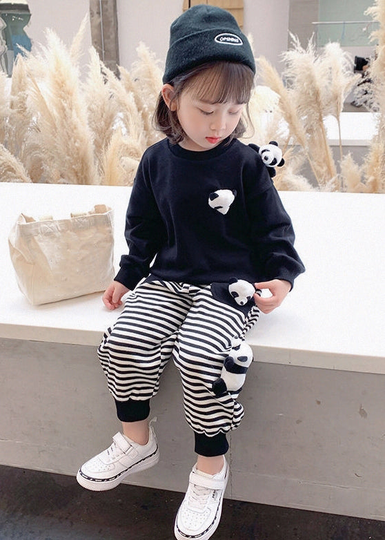 New Black Panda Striped Patchwork Cotton Girls Two Pieces Set Fall