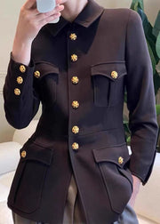 New Black Peter Pan Collar Button Patchwork Cotton Coat Fall