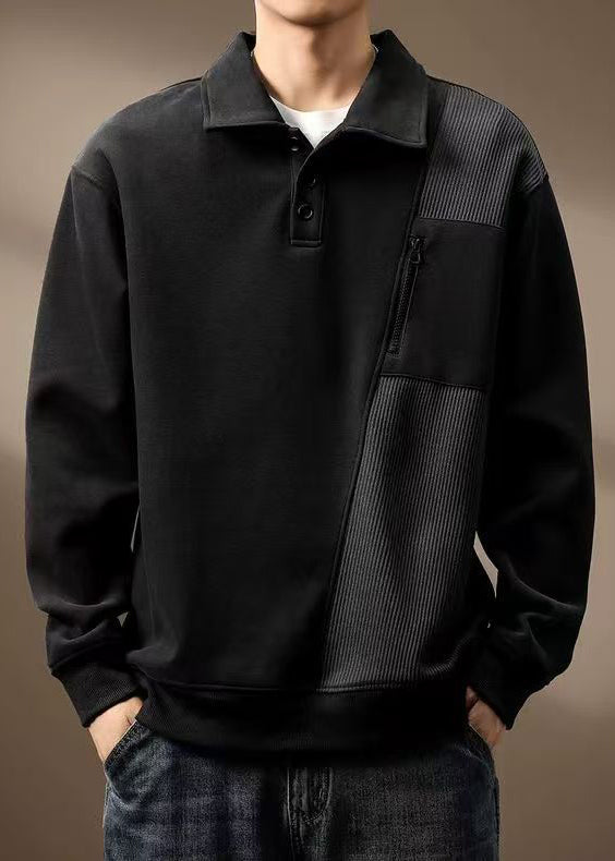 New Black Peter Pan Collar Button Patchwork Cotton Mens Sweatshirt Spring