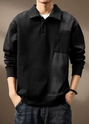 New Black Peter Pan Collar Button Patchwork Cotton Mens Sweatshirt Spring