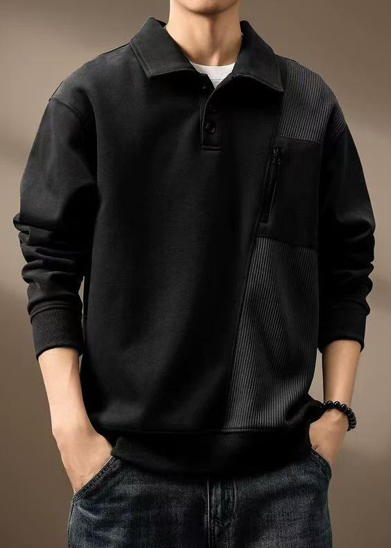 New Black Peter Pan Collar Button Patchwork Cotton Mens Sweatshirt Spring