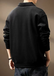 New Black Peter Pan Collar Button Patchwork Cotton Mens Sweatshirt Spring