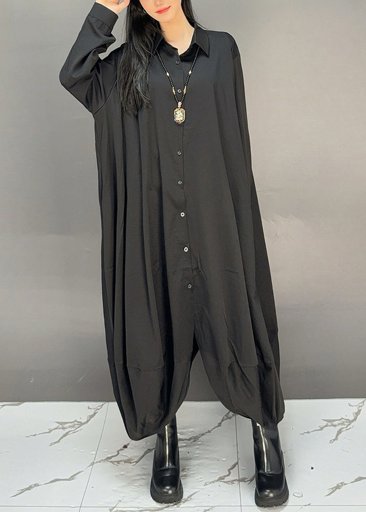 New Black Peter Pan Collar Pockets Cotton Jumpsuits Fall