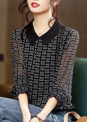 New Black Peter Pan Collar Print Patchwork Chiffon Top Long Sleeve