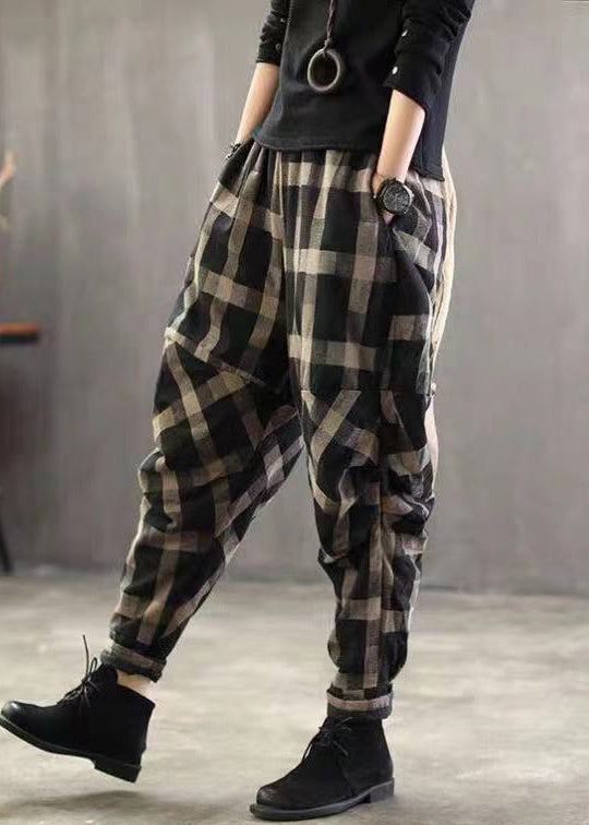 New Black Plaid Pockets High Waist Cotton Crop Pants Spring