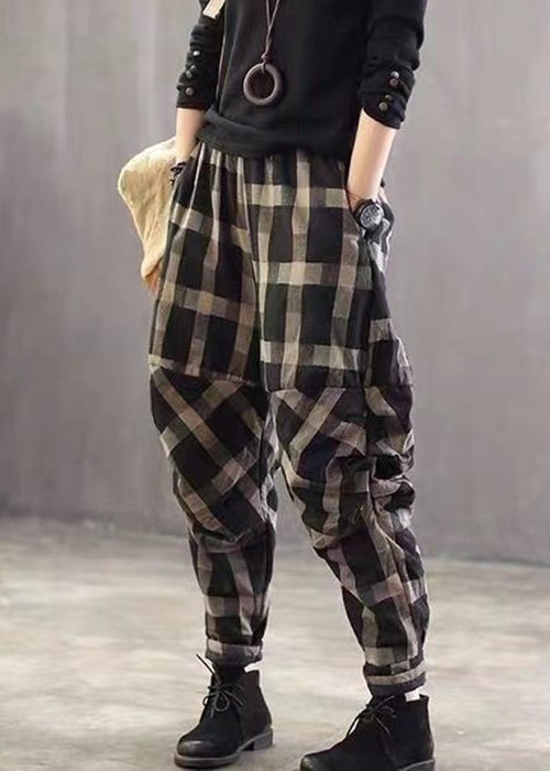 New Black Plaid Pockets High Waist Cotton Crop Pants Spring