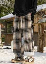 New Black Plaid Pockets Warm Fleece Men Pants Winter