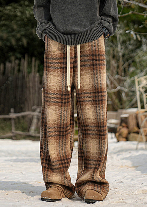 New Black Plaid Pockets Warm Fleece Men Pants Winter