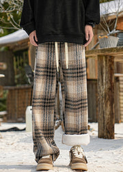 New Black Plaid Pockets Warm Fleece Men Pants Winter