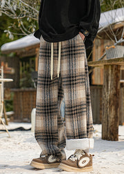 New Black Plaid Pockets Warm Fleece Men Pants Winter