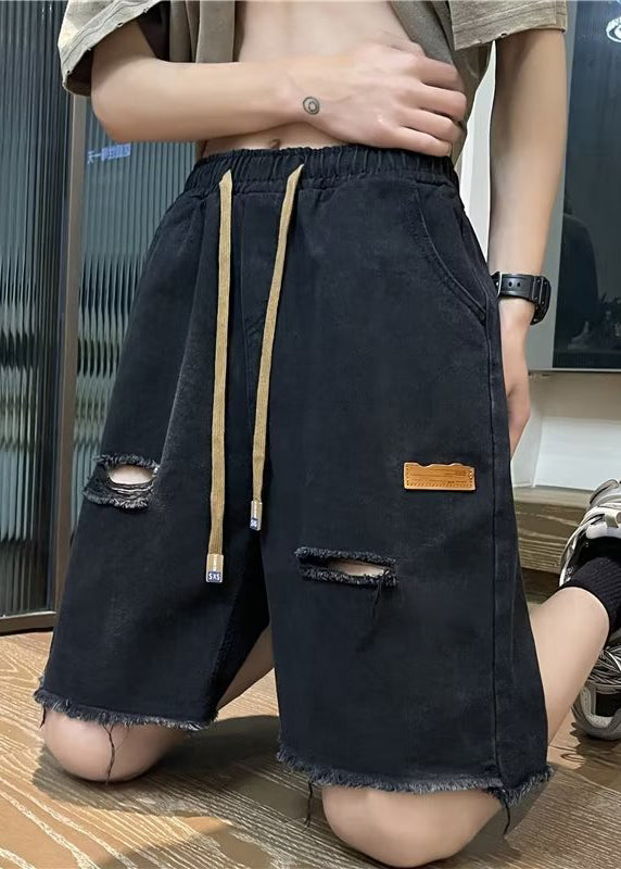 New Black Pockets Drawstring Denim Men Ripped Jeans Summer