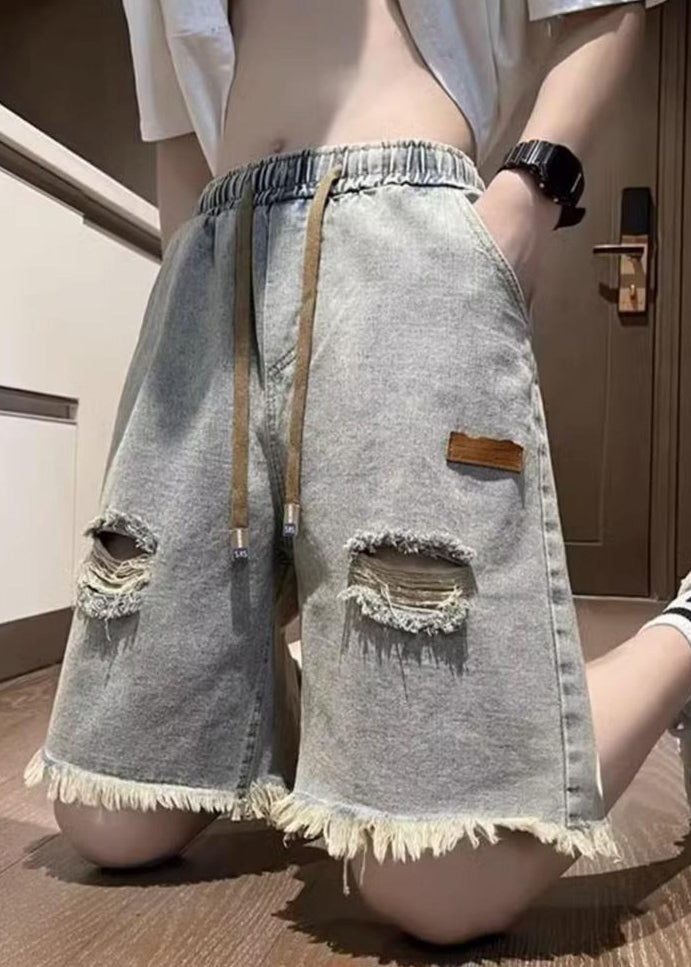 New Black Pockets Drawstring Denim Men Ripped Jeans Summer