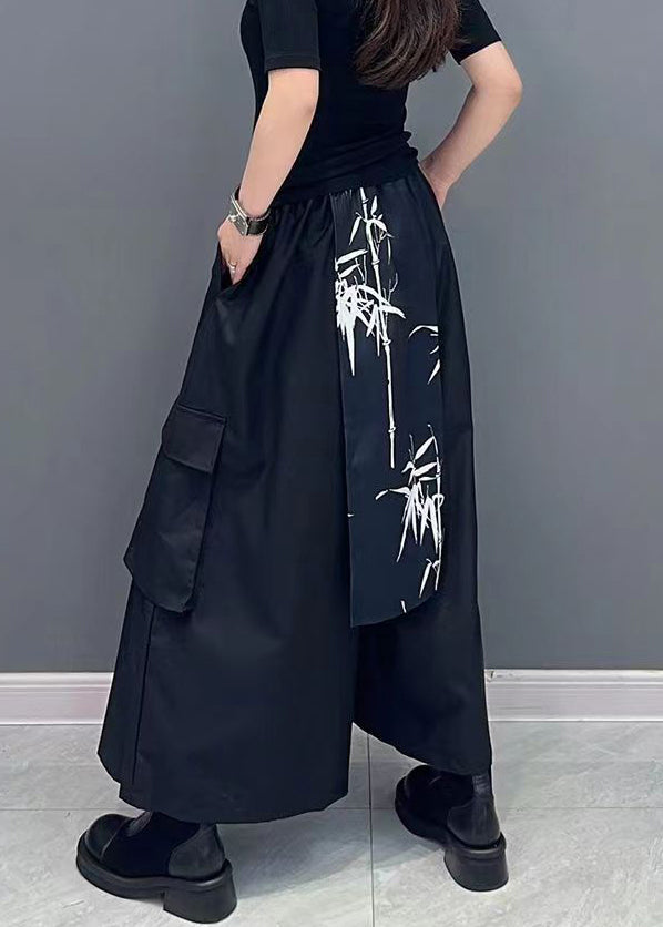 New Black Pockets Elastic Waist Cotton Wide Leg Pants Spring