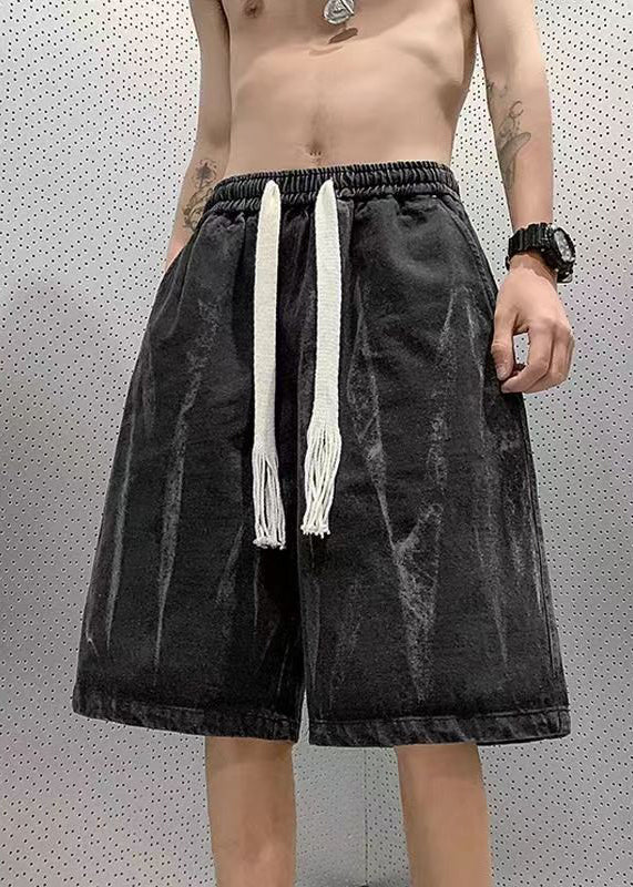 New Black Pockets Elastic Waist Denim Mens Shorts Summer