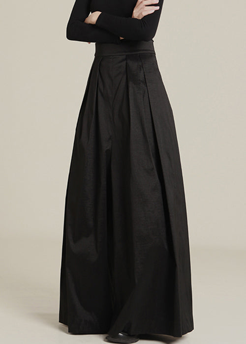 New Black Pockets High Waist Cotton Wide Leg Pants Spring