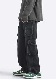 New Black Pockets High Waist Denim Men Pants Spring