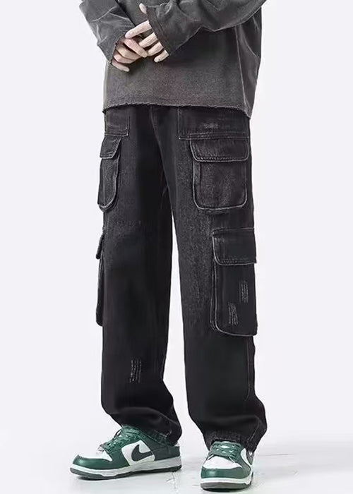 New Black Pockets High Waist Denim Men Pants Spring