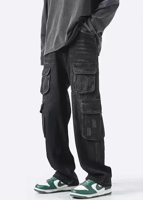 New Black Pockets High Waist Denim Men Pants Spring