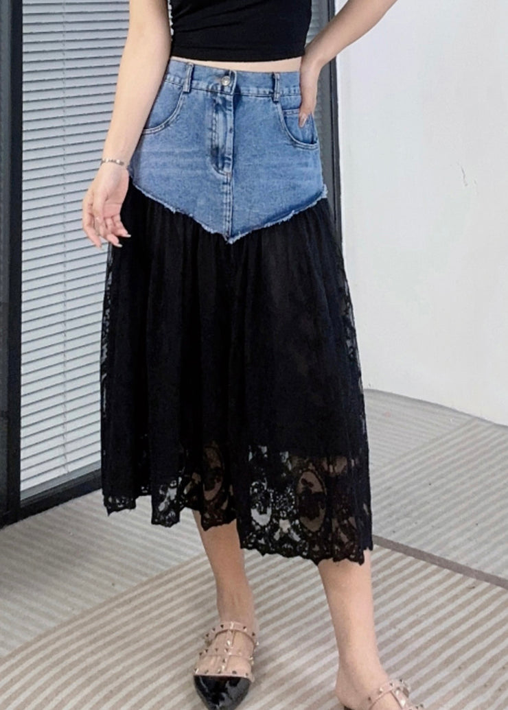 New Black Pockets Lace Patchwork Denim Skirts Summer