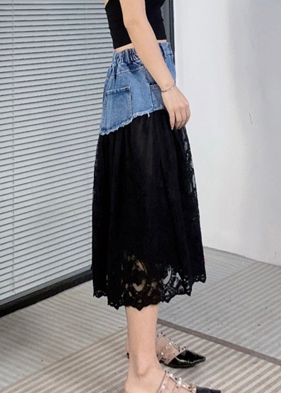 New Black Pockets Lace Patchwork Denim Skirts Summer
