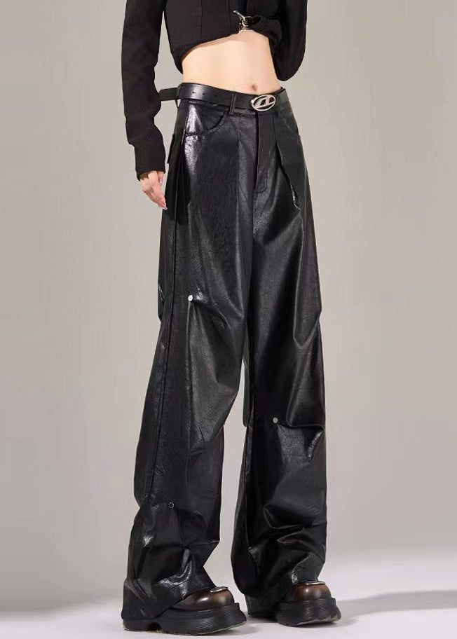 New Black Pockets Wrinkled High Waist Faux Leather Pants Spring