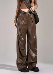 New Black Pockets Wrinkled High Waist Faux Leather Pants Spring