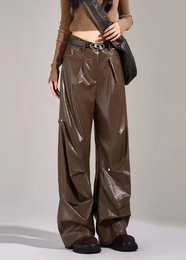 New Black Pockets Wrinkled High Waist Faux Leather Pants Fall