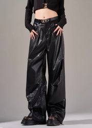 New Black Pockets Wrinkled High Waist Faux Leather Pants Spring