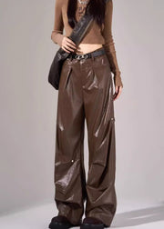 New Black Pockets Wrinkled High Waist Faux Leather Pants Spring